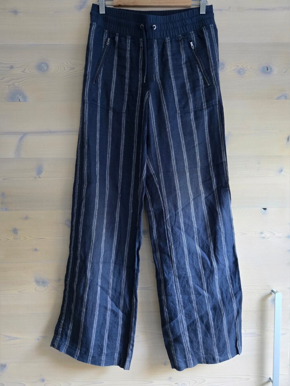 Athleta Cabo Tide Linen Wide Leg Navy Stripe Pants 4 TALL